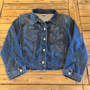 Chico's Dark Wash Waist Length Raw-Edge Hem Denim Jacket - Chico’s Size 2 / Lg